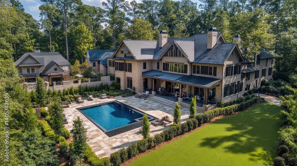 Aerial View of a Dual Cul-De-Sac Featuring Detached Homes with Swim Pools in a Serene Atlanta Neighborhood Aerial View of a Dual Cul-De-Sac Featuring Detached Homes with Swim Pools in a Serene Atlanta Neighborhood
