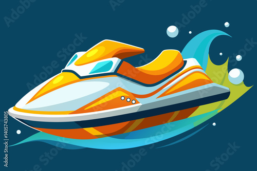 Illustration of a yellow and white jet ski speeding through blue water with bubbles around it