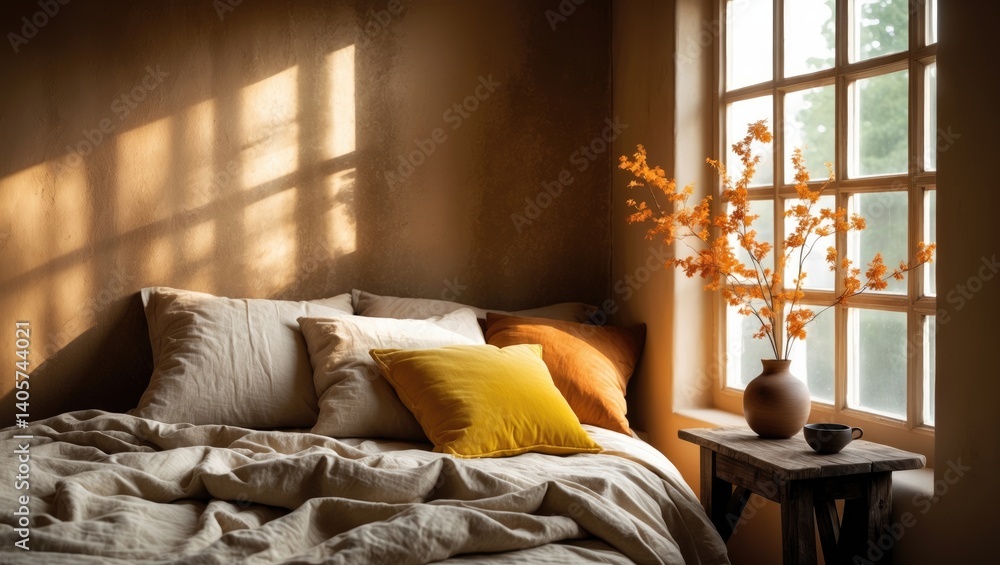 Obraz premium This Photograph of Our Bedroom Captures a Fusion of Earthy Hues and Natural Textures, Resulting in a Comfortable Space Decorated with Warm Tones of Autumn.