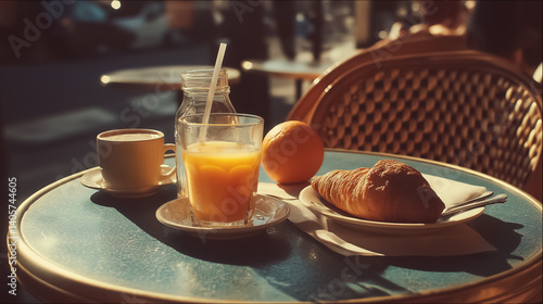 Fototapeta Naklejka Na Ścianę i Meble -  Croissant, espresso and orange juice on a small round table at a Parisian street cafe, soft morning light, minimal French breakfast scene