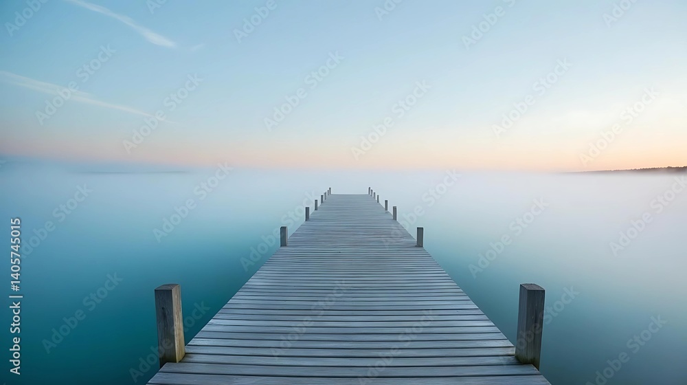 Obraz premium Tranquil wooden pier extending into calm misty water