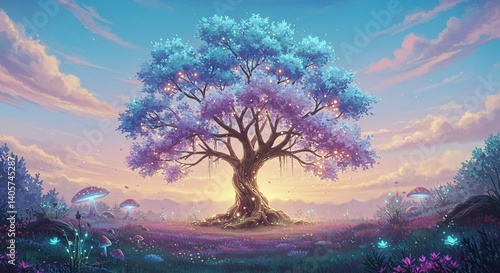 magical nature background with enchanted tree
