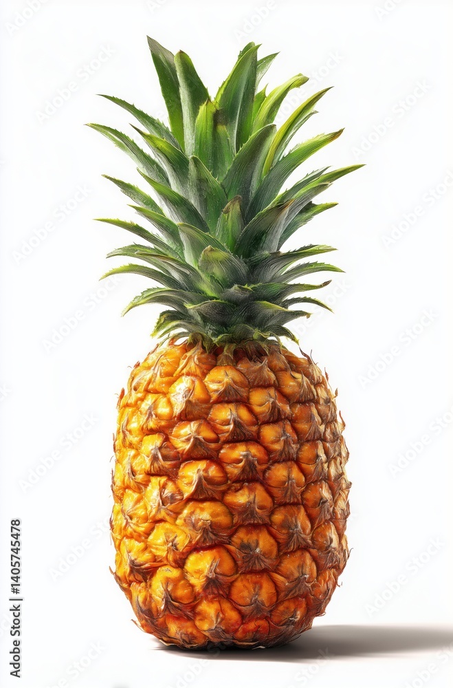 Fototapeta premium Standing Fresh Pineapple with Green Leaves Isolated on White Background