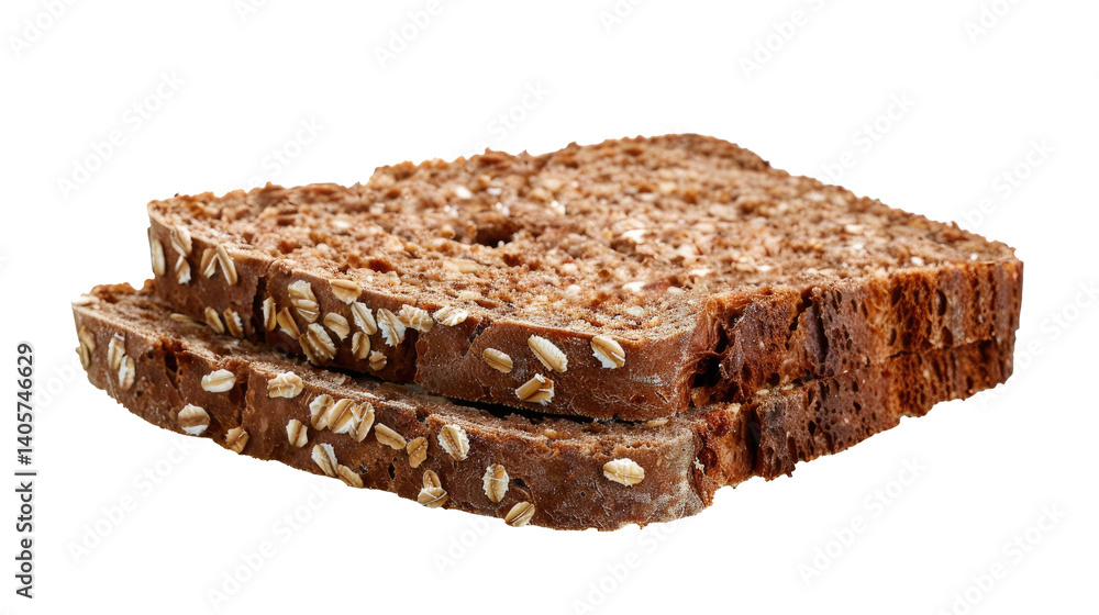 A slice of multigrain bread topped with oats lies on transparent background, displaying its dense texture and rich, brown color. This bread is ideal for healthy meals. A slice of multigrain bread topped with oats lies on transparent background, displaying its dense texture and rich, brown color. This bread is ideal for healthy meals.