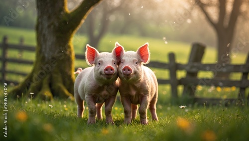 Piglets in the meadow, the pig farming business fattening pigs for meat supply.