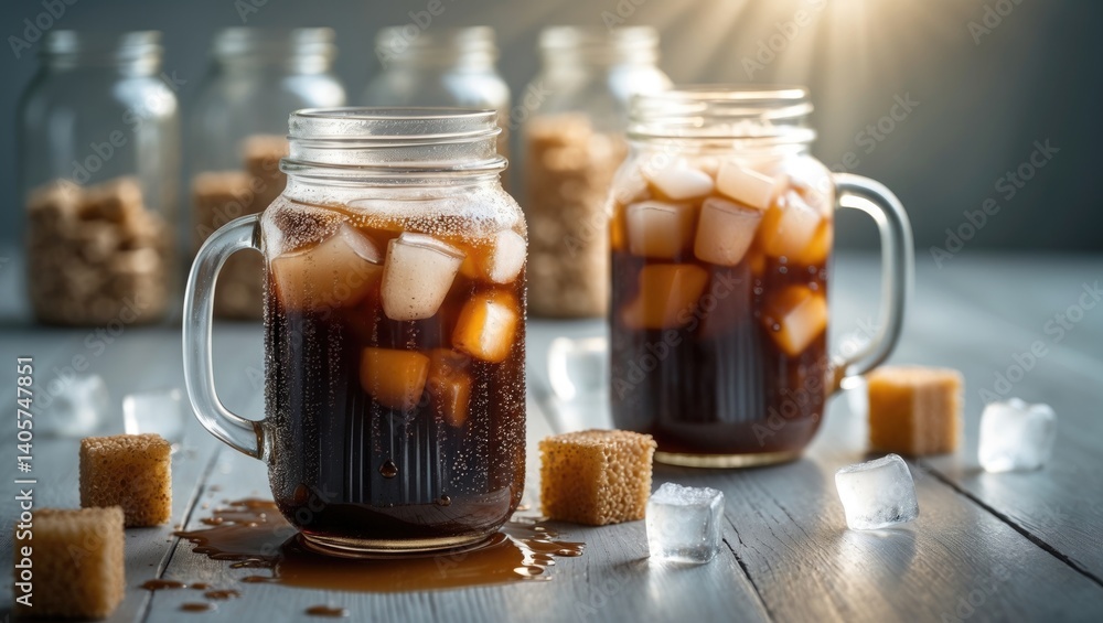 Chilled coffee served in glass jars with ice cubes and milk on a backdrop Chilled coffee served in glass jars with ice cubes and milk on a backdrop