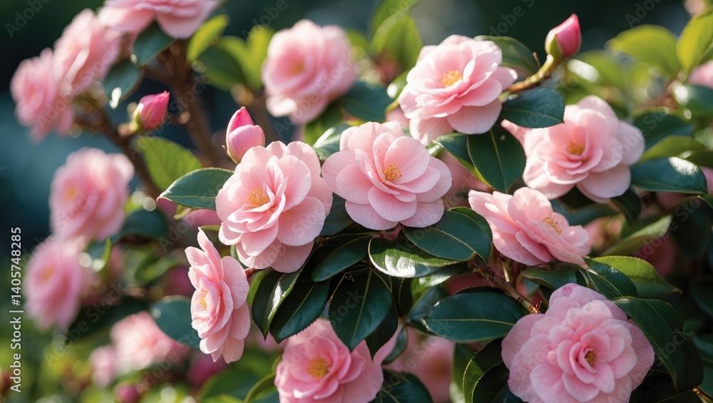 Obraz premium Close-up of Pink Camellia japonica blooms on a bush in the garden.