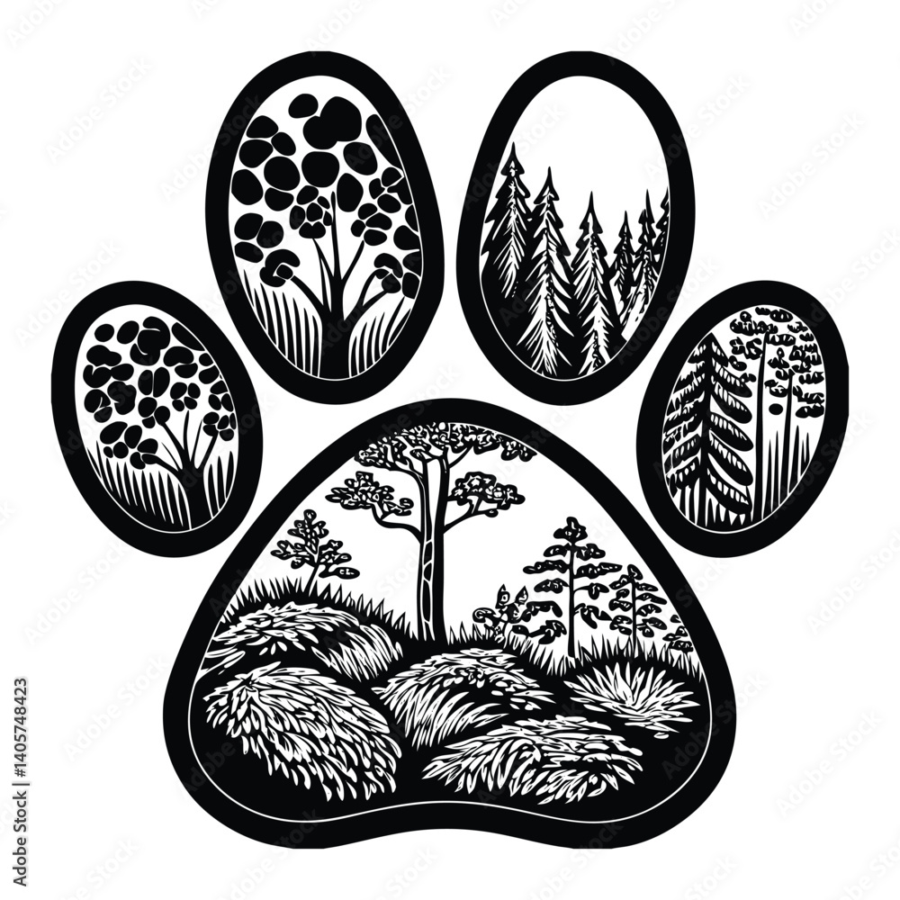 A paw print turning into a forest on white background.