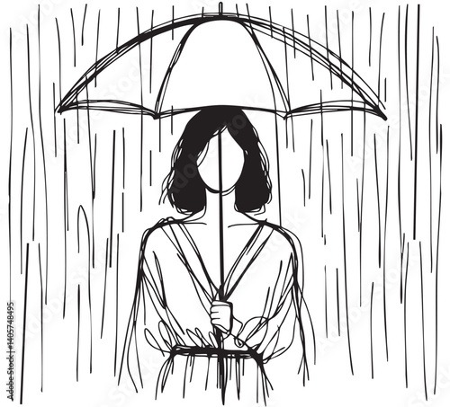 young girl is standing under the rain and umbrella, silhouette sketch