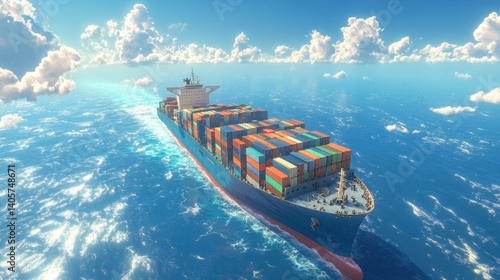 A massive container ship cuts through vibrant blue ocean waters under a bright, cloudy sky. A powerful symbol of global trade and transport