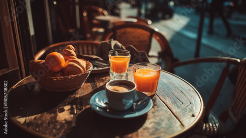 Fototapeta Naklejka Na Ścianę i Meble -  Croissant, espresso and orange juice on a small round table at a Parisian street cafe, soft morning light, minimal French breakfast scene
