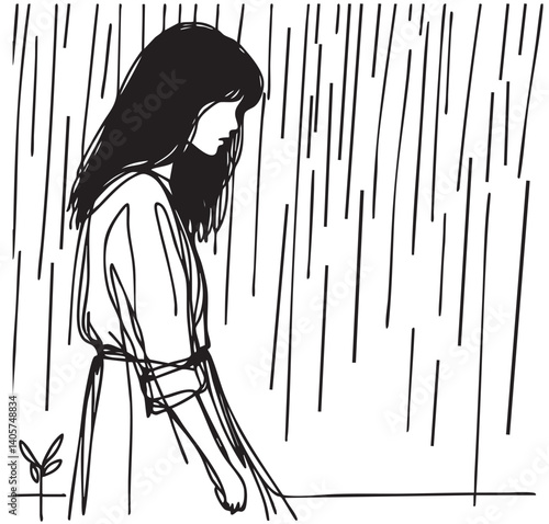 Woman is sitting under the rain, silhouette sketch