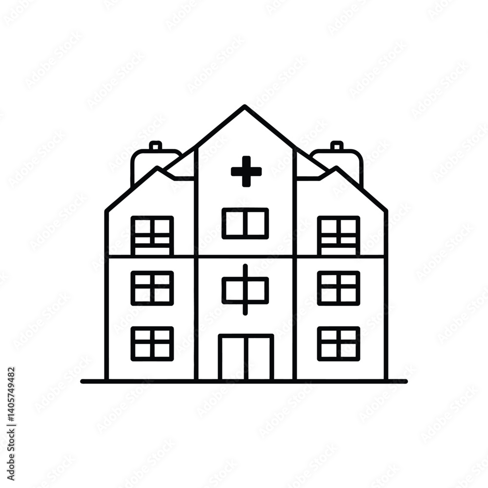 Outline Hospital Building Facade with Cross Symbol Two Stories and Windows Icon Outline Hospital Building Facade with Cross Symbol Two Stories and Windows Icon