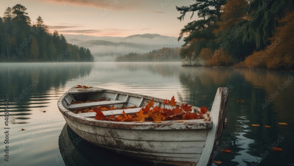 Fototapeta premium Paddle boat on a lake surrounded by autumn leaves