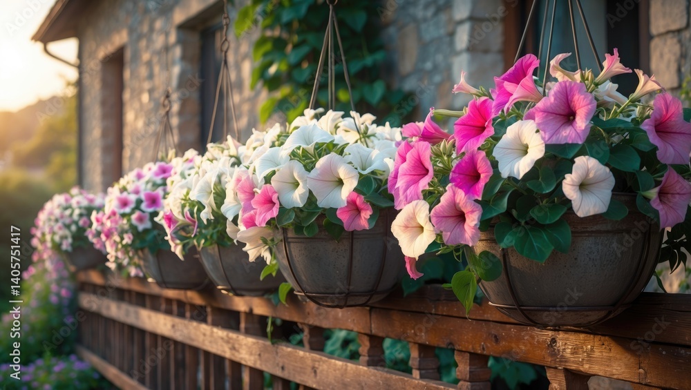 Fototapeta premium Hanging pots of beautiful petunia flowers on the railing. Garden. Blur