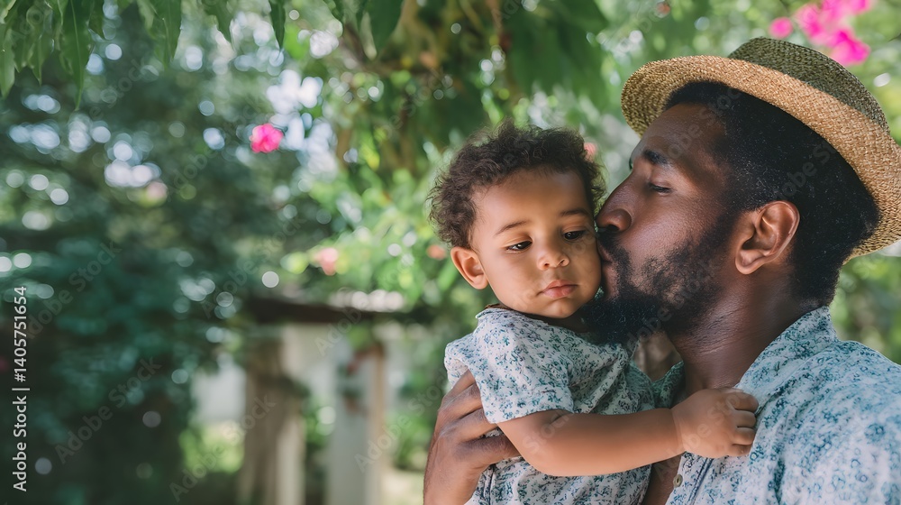 Obraz premium Father Nurturing Son with Affectionate Kiss Amid Lush Greenery and Blossoming Flowers