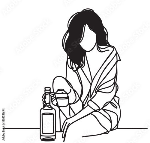 Alcoholic woman's silhouette with a wine bottle. Silhouette line sketch girl with black hair with alcohol , mental depression