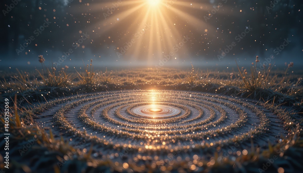 Fototapeta premium Radiant sunlight breaking through mist nature landscape peaceful water ripples tranquil environment close-up viewpoint serene concept for mindfulness