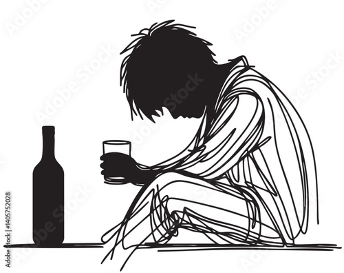Silhouette Alcoholic sad man in depression. Line sketch. Isolated on white