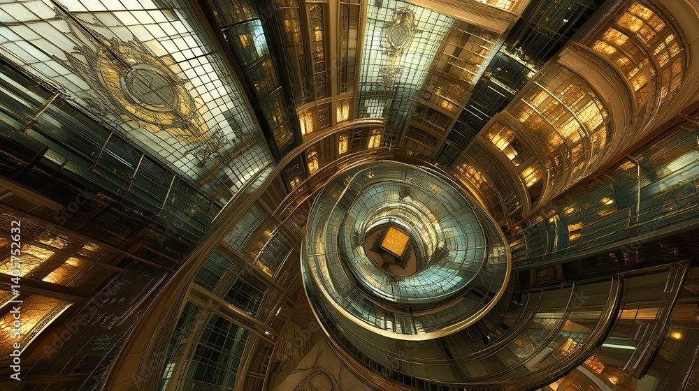 Obraz premium Swirling city atrium; interior architecture, overhead view