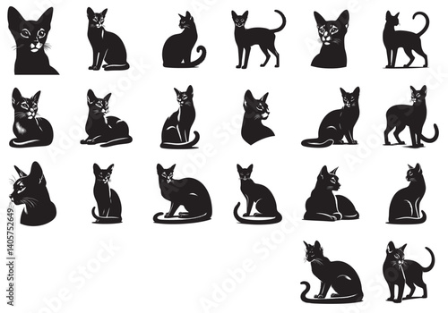 Abyssinian Cat Silhouette Vector Graphics, Cat vector Illustration ‍Set Collection, Pet.