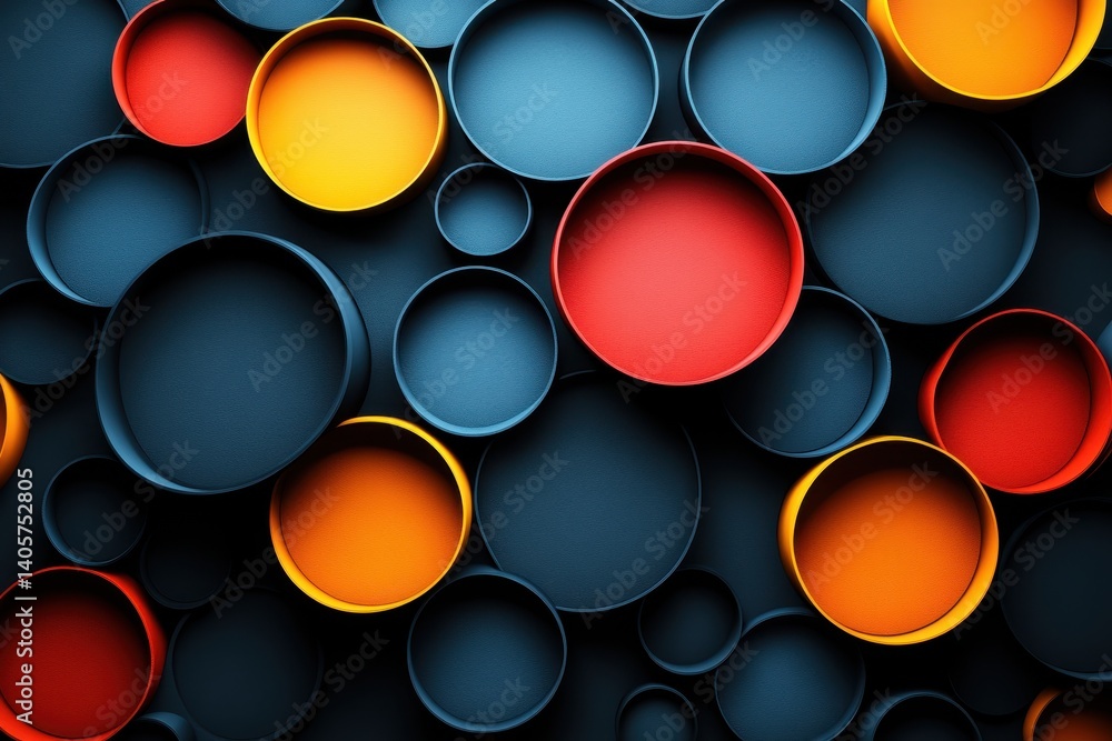 Colorful circular plates arranged on a dark background create an artistic abstract display in a modern design setting Colorful circular plates arranged on a dark background create an artistic abstract display in a modern design setting