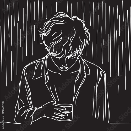 Silhouette Alcoholic sad man in depression under rain. Line sketch. Isolated on black background