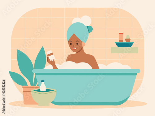 Woman with towel on head relaxing in a bubble bath with plants and shelf in a tiled bathroom area