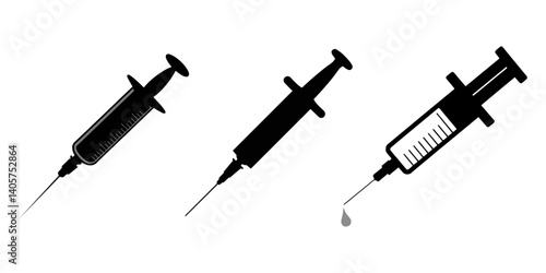 set of syringe injection silhouette, black and white silhouette, vector and illustration, A silhouette of a syringe filled with medicine, poised to be used, outlined in black, syring silhouette set.
