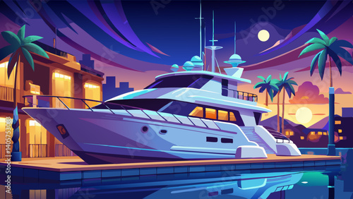 Luxury yacht at night in the marina