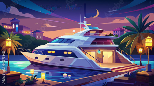Luxury yacht at night in the marina