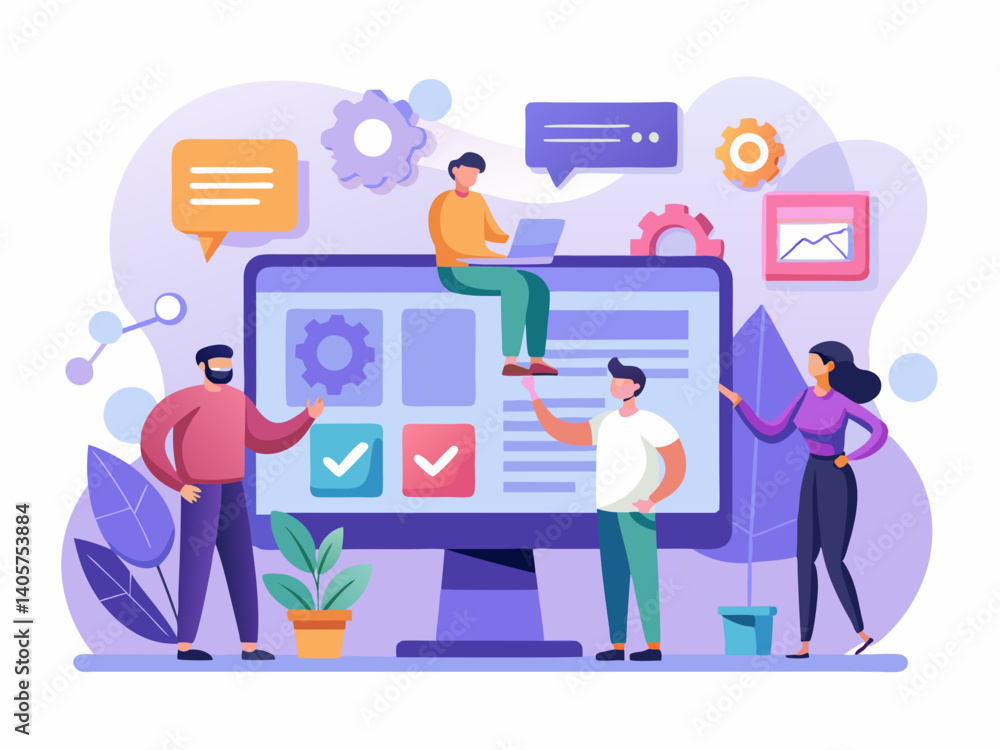 Illustration of a team working on a large computer screen with various icons and data representations Illustration of a team working on a large computer screen with various icons and data representations