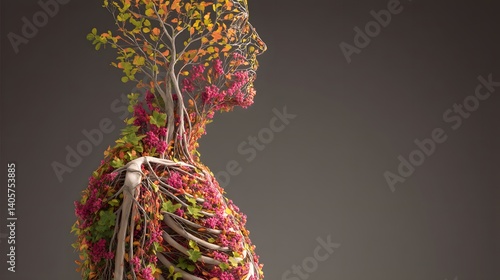Abstract Illustration of a Human Body with Vibrant Nature Elements Representing Life and Growth
