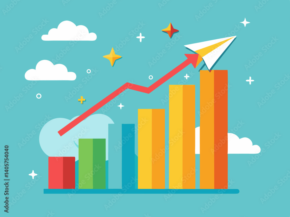 Colorful bar graph with an upward trending red arrow and a paper airplane on a blue background Colorful bar graph with an upward trending red arrow and a paper airplane on a blue background