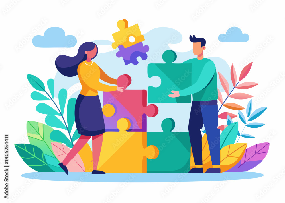 Illustration of a man and woman assembling a puzzle together with decorative plants and clouds around them Illustration of a man and woman assembling a puzzle together with decorative plants and clouds around them