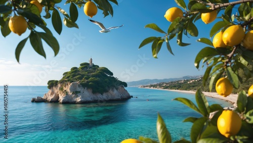 Fototapeta Naklejka Na Ścianę i Meble -  Isola Bella, a Compact Island by Taormina, Joined to the Beach by a Slim Path in Blue Waters