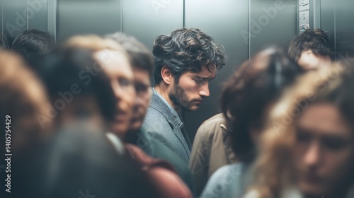 Anxious Man Feeling Uncomfortable in a Crowded Elevator Surrounded by Other Passengers