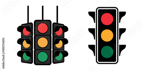 Pack of traffic lights set on a transparent background, Solid Vector Icon for Traffic Lights, Traffic light set, Traffic sign simple icon set, follow rules vector illustration sky blue background.