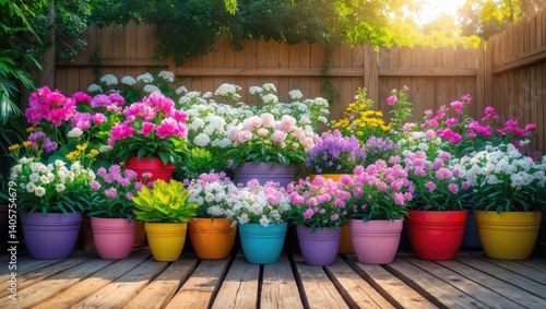 Wallpaper Mural Patio space bordered by an assortment of colorful potted plants. Torontodigital.ca