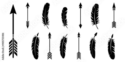 Crossed bow arrows icon. Colored silhouette. Front side view. Vector simple flat graphic illustration. Isolated object on white background. Isolate, Set of arrows Vintage with feathers isolated.