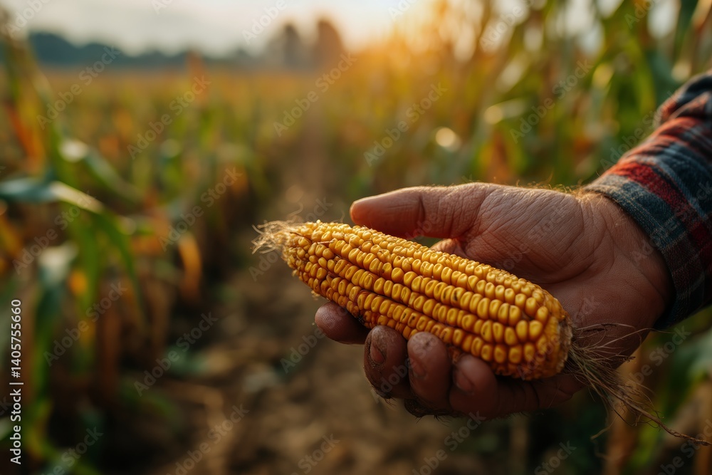 Corn Harvest in a Golden Field at Sunset With a Farmers Hand Holding an Ear of Corn