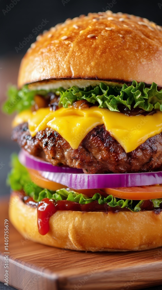 Juicy Gourmet Burger With Melted Cheese and Fresh Toppings at a Rustic Countertop