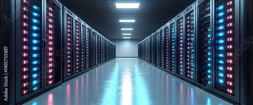 Hallway with glowing servers in a data center. Rows of server racks with blue and pink light