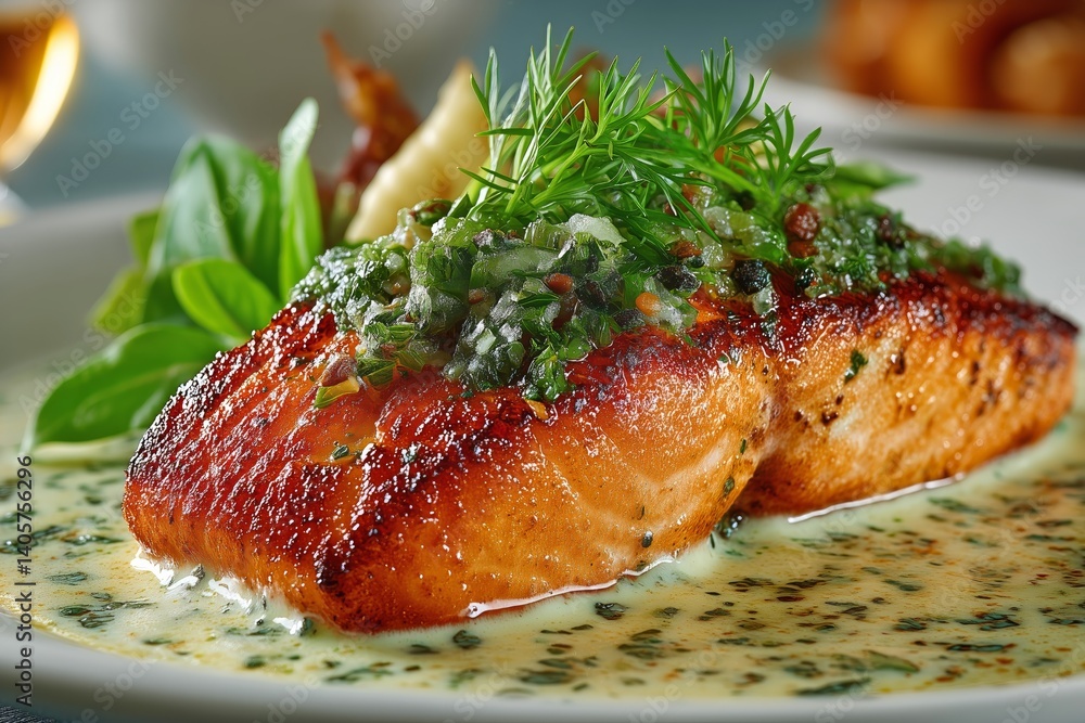 Delicious Grilled Salmon With Herb Sauce Served With Fresh Greens at Gourmet Restaurant