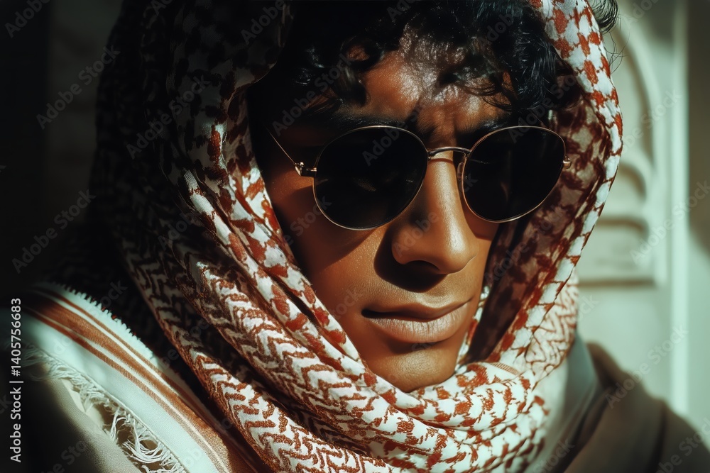 Young Man Wearing Traditional Attire and Sunglasses in a Sunny Outdoor Setting