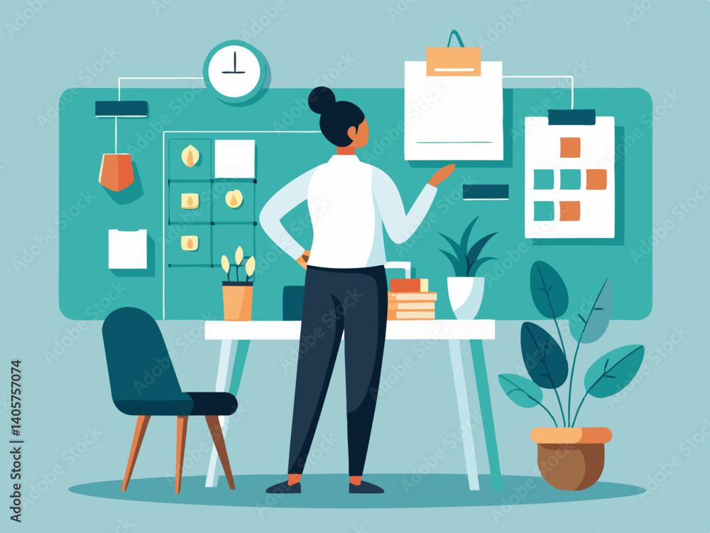 Woman presenting ideas on a board with sticky notes and plants in an office setting indoors view Woman presenting ideas on a board with sticky notes and plants in an office setting indoors view