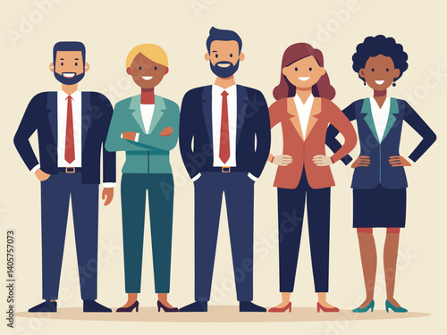 Diverse group of five professional business people standing together smiling and looking forward confidently