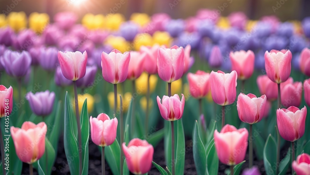 Obraz premium Brightly Colored Tulips in Bloom. Detailed shot of charming pink tulip flowers blossoming in the garden, basking in soft morning sunlight with a blurred background.