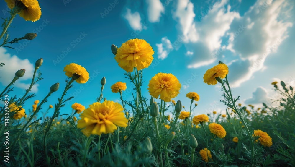 Obraz premium Vibrant yellow marigold blossoms fully open against a blue sky, close-up view of marigold flowers in a field