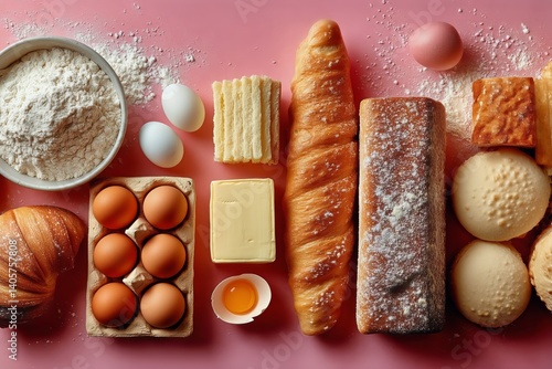 Obraz na płótnie Baking Essentials Displayed With Bread, Eggs, and Flour on a Pink Surface in a Cozy Kitchen Setting w salonie